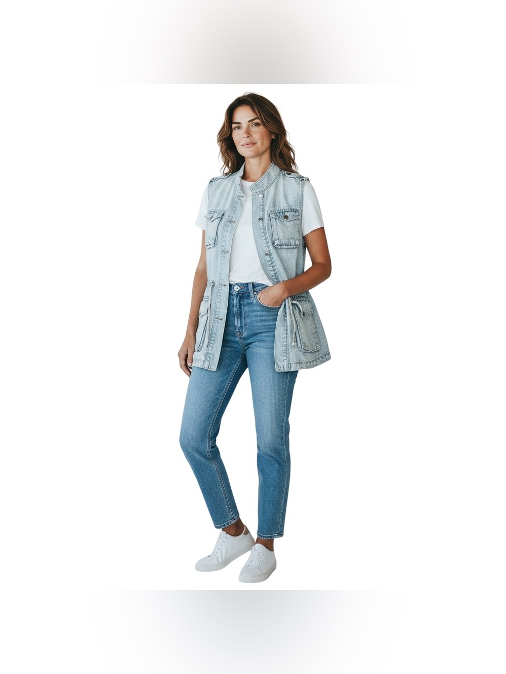 Lucky Brand Military Denim Utility Vest Medium Cotton Linen Cargo Light Wash